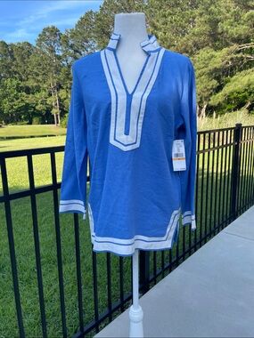 Karen Kane Boardwalk  St Trope. Blue Tunic with White Ribbon Trim